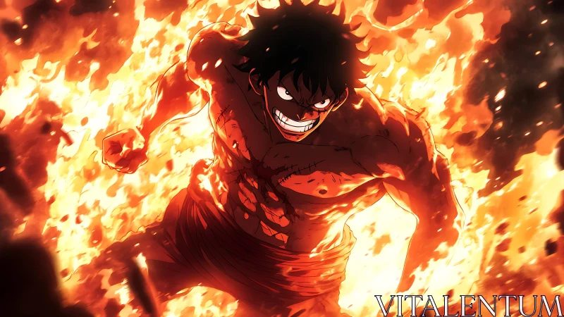 Bare-chested anime fighter charges forward through firestorm