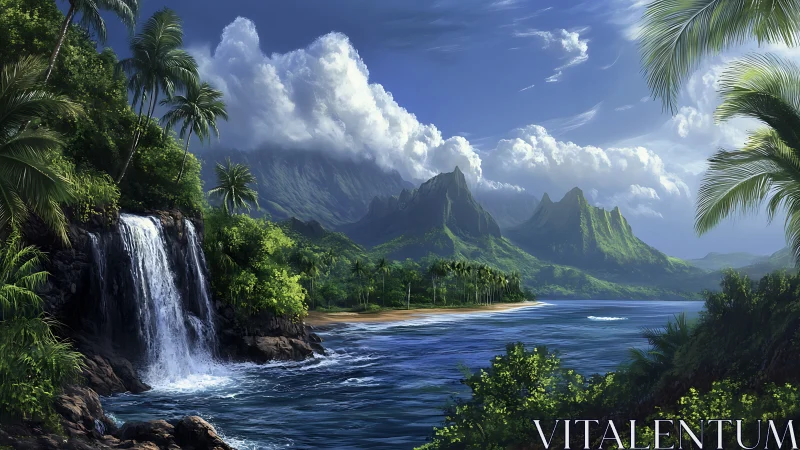 Tropical coastal landscape with waterfall and volcanic peaks