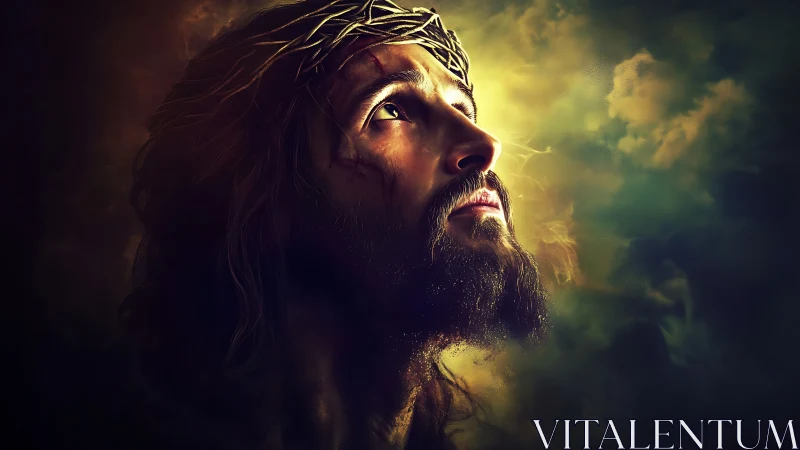 Dramatic low key portrait with crown of thorns and volumetric light