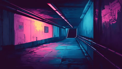 Neon underpass corridor bathed in cyan and magenta light.