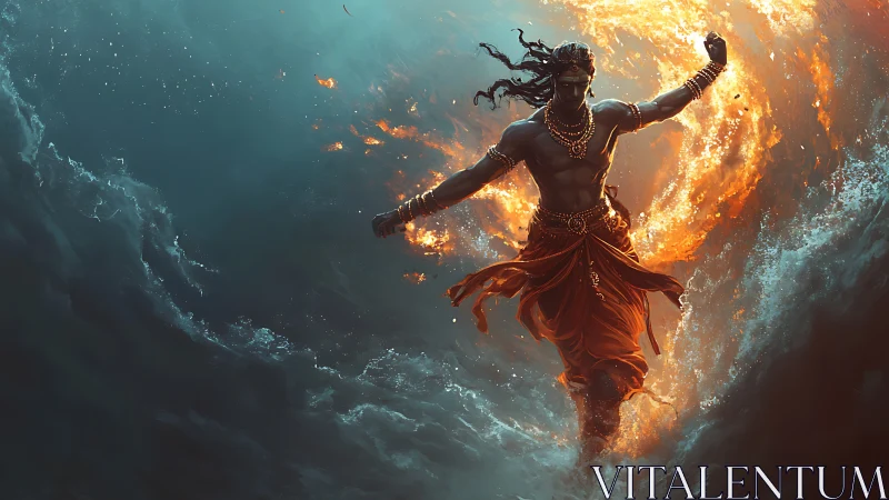 Mythic fire deity striding through storm-torn ocean panorama.