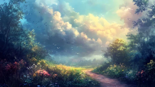 Serene forest path at sunrise with vibrant wildflowers, digital art.