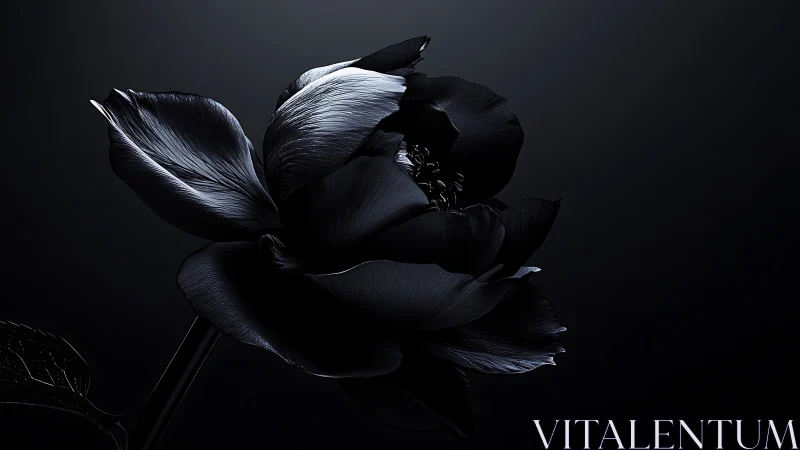 Black flower with white petal highlights photographed against dark background