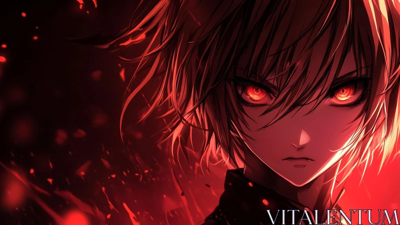 Fiery eyed anime antihero in intense red glow portrait.