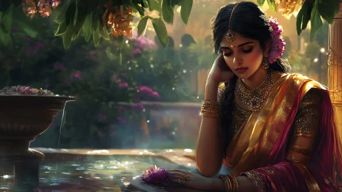Pensive woman in golden sari beside tranquil garden fountain.