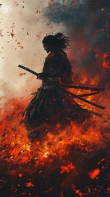 Silhouetted samurai figure walks through dense surrounding fire