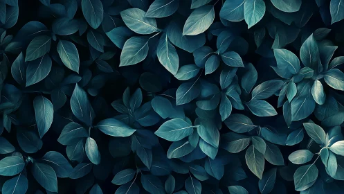 Dense arrangement of teal-toned leaves on dark background.
