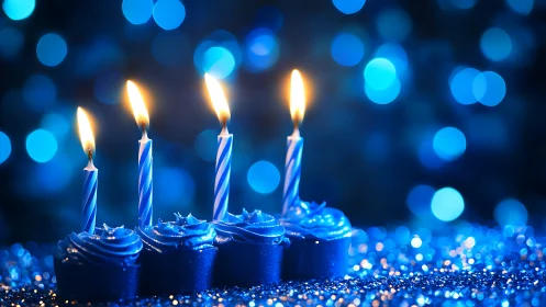 Blue Birthday Candles Glowing Against Bokeh Lights.