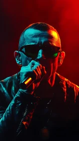 Singer grips microphone under intense red blue stage light