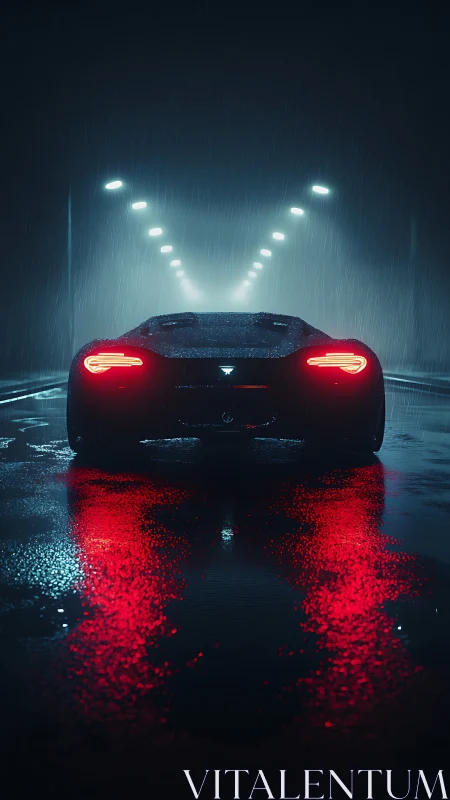 Neon rear-view supercar in cinematic rainy night tunnel composition.