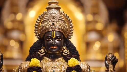 Gilded Hindu deity statue with ornate crown and floral garlands