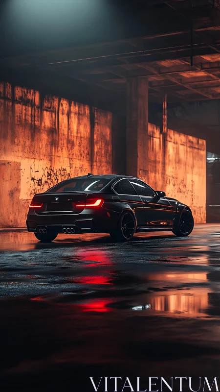 Wet asphalt reflections frame black coupe under orange wall glow