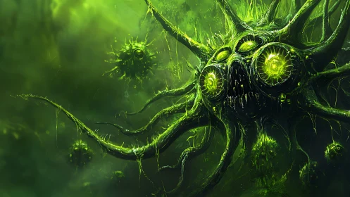 Bioluminescent tentacled organism in dense green mist.