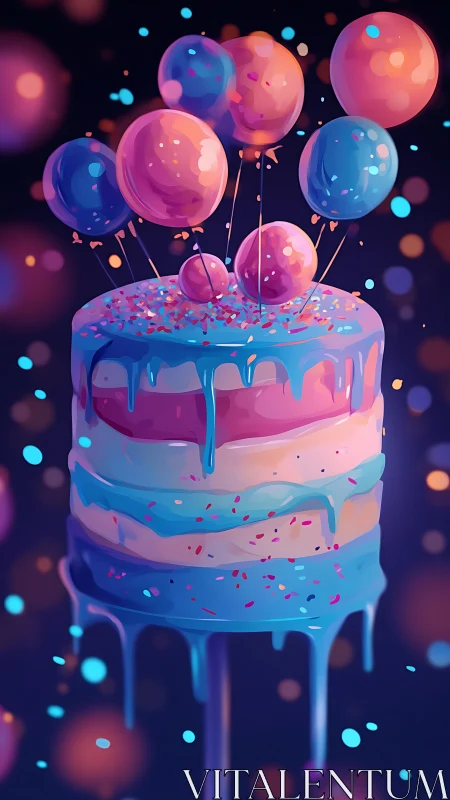 Gradient Cake with Floating Balloon Toppers in Neon Bokeh Environment