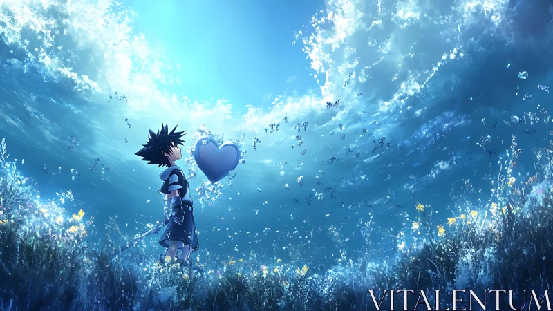 Star-haired wanderer guarding a floating glass heart in blue.
