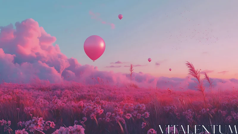 Pink balloons drift above a dreamy cotton-candy horizon
