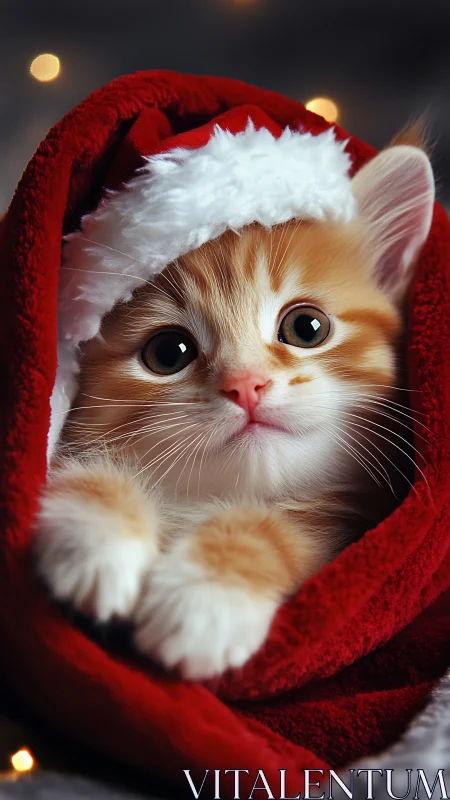 Christmas kitten portrait in red Santa hat close-up.