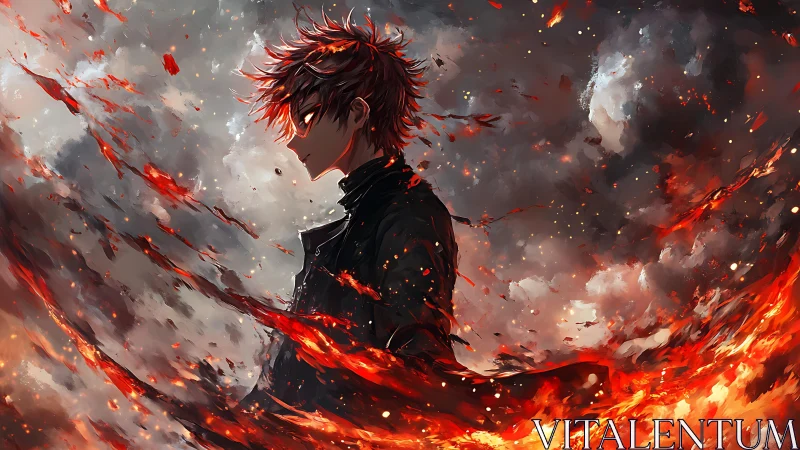 Firelit anime warrior in swirling embers and storm clouds.