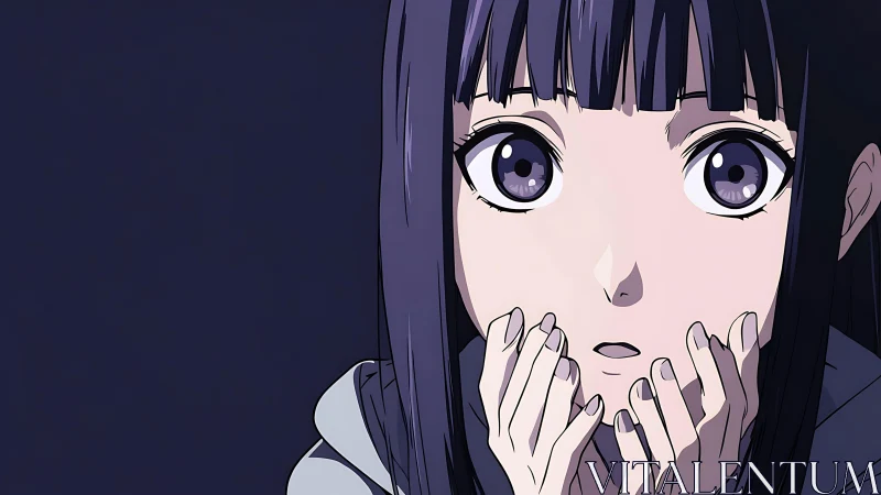 Anime portrait of shocked girl in cool-toned close-up frame.