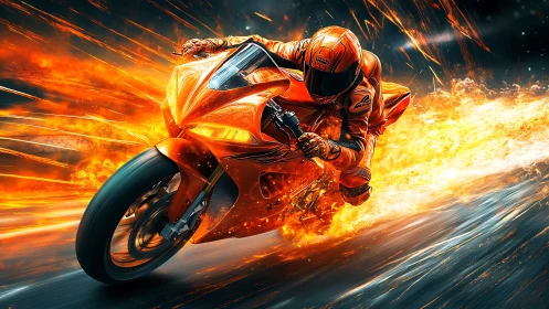 Flaming sport motorcycle racing through explosive fire trail.