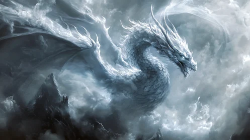 Spectral ice dragon coils through storm-laden aerial abyss