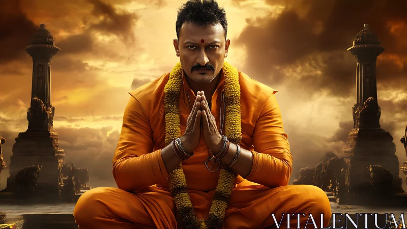 Man in orange robes meditates before temple pillars at dusk