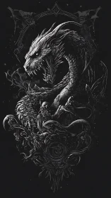 Monochrome dragon illustration encircles robed skeletal figure