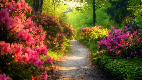 Sunlit garden path lined with pink flowering shrubs.