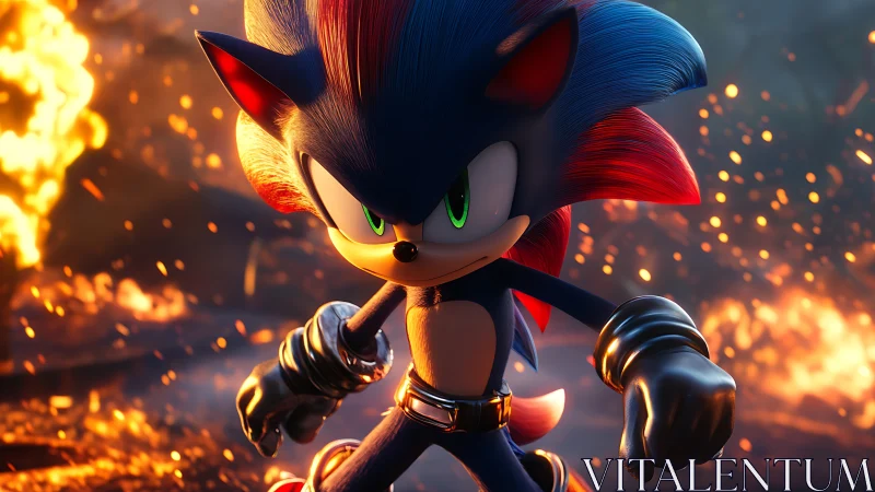 Blue-red hedgehog warrior amid cinematic firestorm.