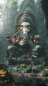 Overgrown Ganesha stone colossus in misted jungle shrine