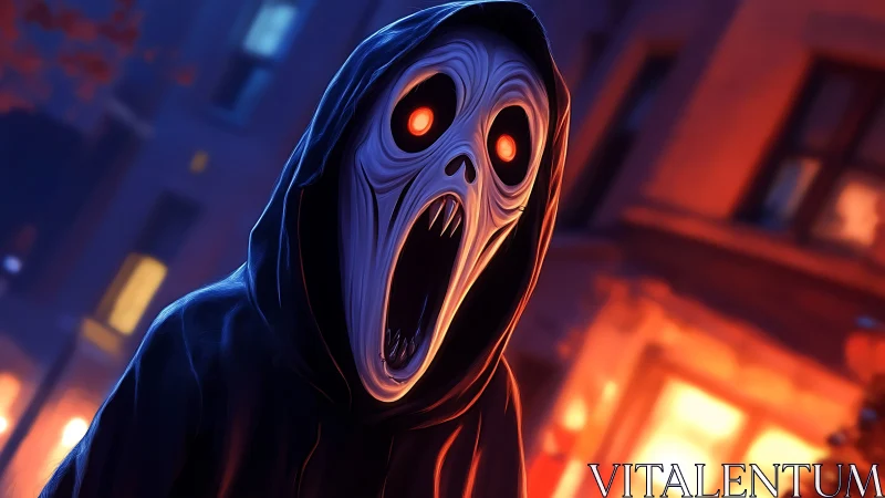 Hooded specter screams under neon city streetlights.
