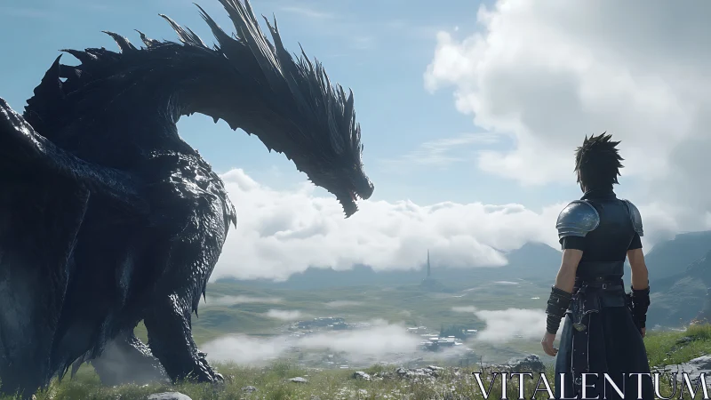 Armored warrior confronting massive dragon on misty plains.