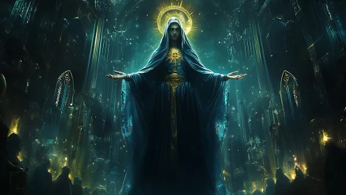 Luminescent cathedral avatar with hieratic halo symmetry.