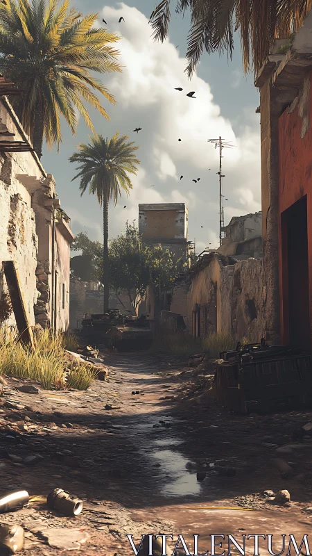 Tropical war-torn alleyway with armored vehicle and debris.