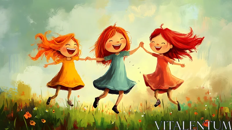 Three Red-Haired Girls Dancing in Sunlit Meadow.