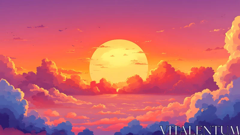 Vibrant digital sunset over stylized clouds in warm gradients.