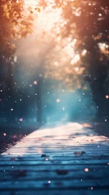 Sunlit forest path with dreamy bokeh glow at dusk.