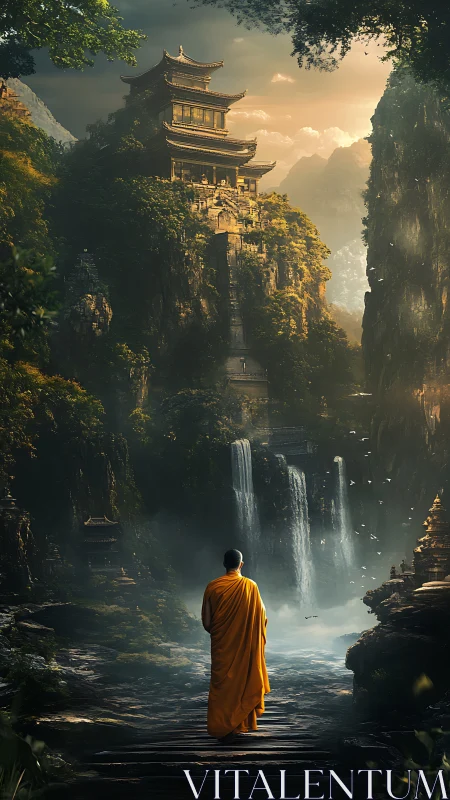 Monk in saffron gazes toward waterfall-crowned mountain temple.
