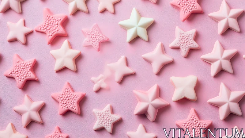 Pink star candies scatter across soft pastel background.