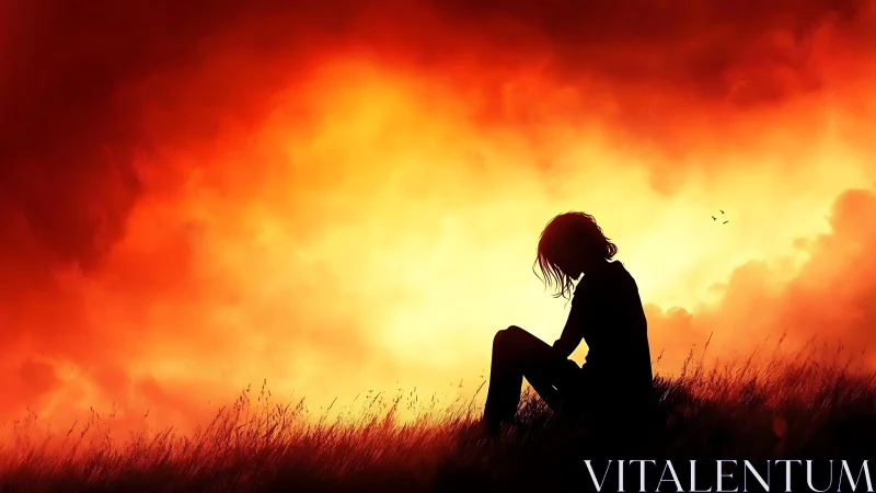 Silhouette of seated figure against intense orange sky.