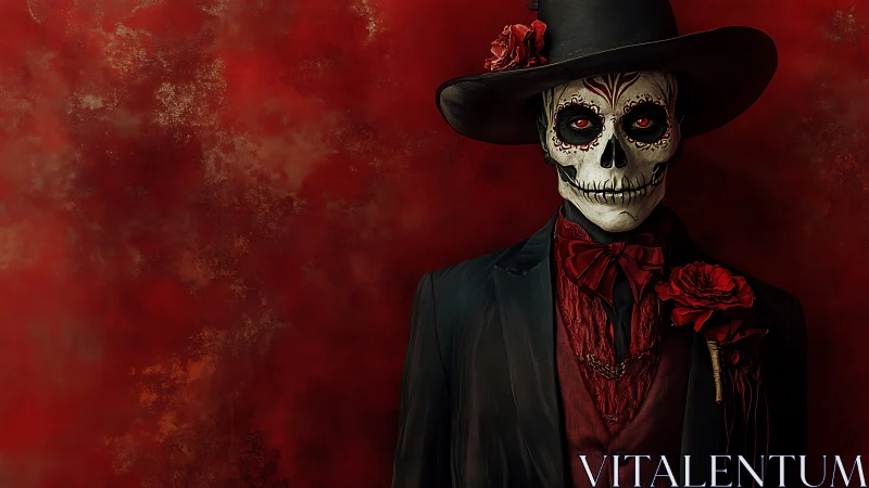 Elegant calavera gentleman in crimson suit and shadowed hat.