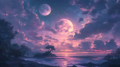 Dusky twin moons glow softly above a tranquil violet sea