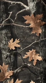 Autumn leaves drift like quiet embers across rugged bark