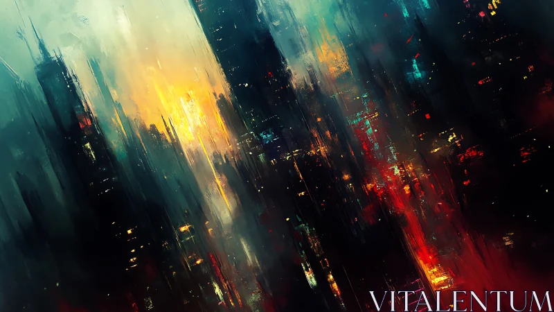 Glowing cyber city rises through rain streaks and drifting light