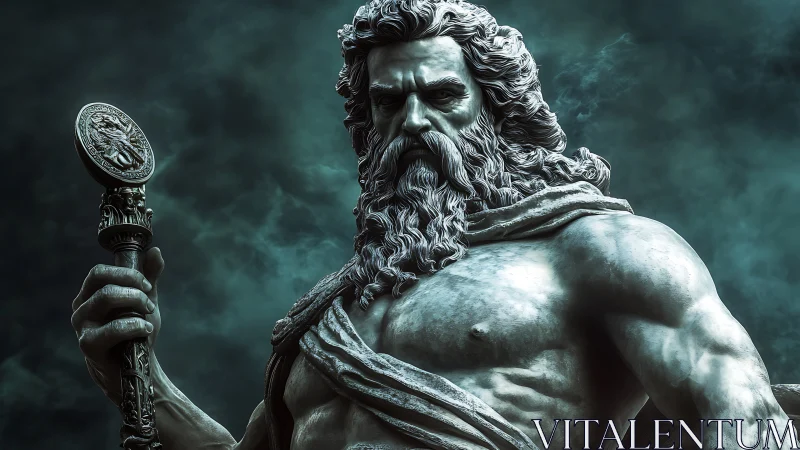 Mythological bearded figure holding staff against dark sky.