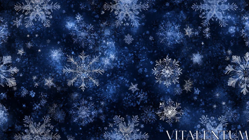 Digital pattern of crystalline snowflakes on dark blue field.