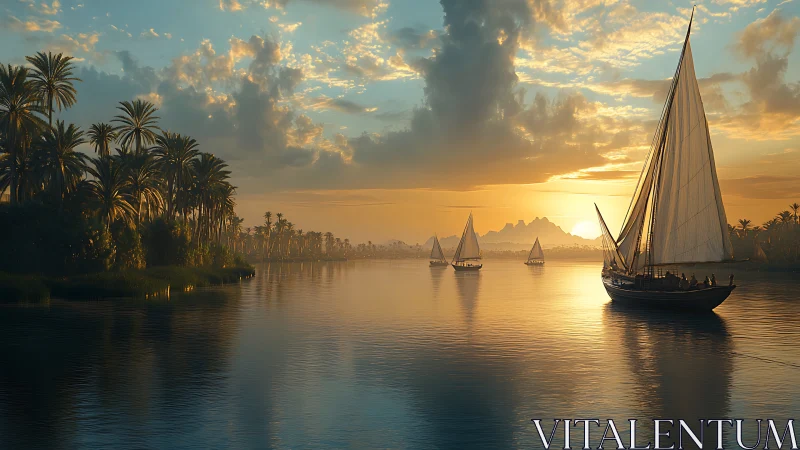 Lateen-rigged sailboats on tranquil tropical river at sunset