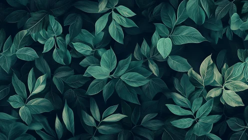 Dense teal foliage pattern with layered tropical leaves.