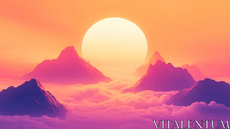 Sunlit mountain peaks above clouds in gradient sky.