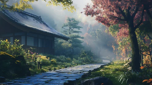 Stone path beside traditional house in misty forest garden.